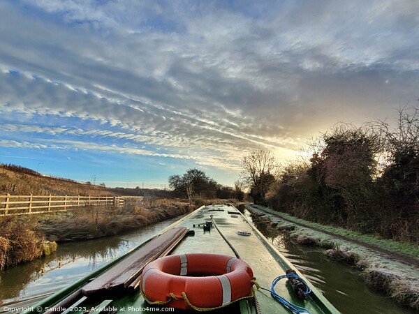 Narrowboat Travelling Down A Wintery Oxford Canal  Picture Board by Sandie 