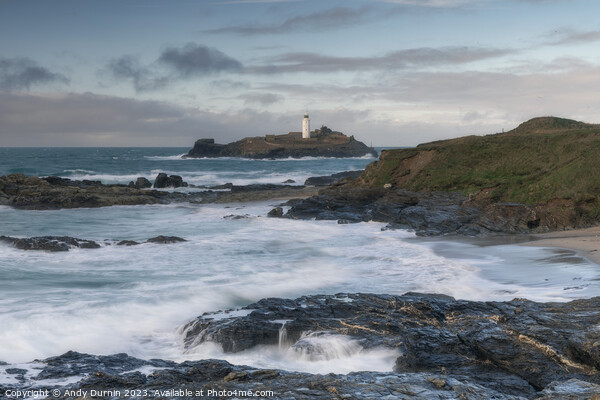 Guardian of the Tides: Godrevy's Dance with the Approaching Stor Picture Board by Andy Durnin