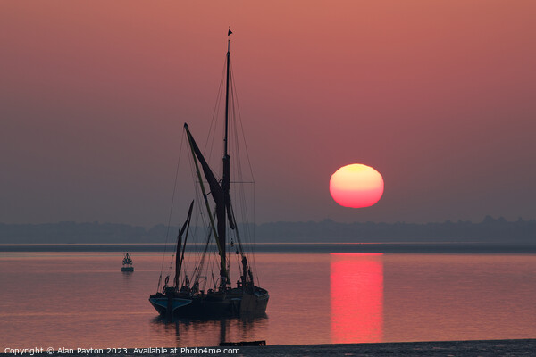 Thames sailing barge at red sunrise Picture Board by Alan Payton