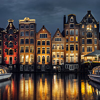 Buy canvas prints of Night dancing houses at Amsterdam canal Damrak, Holland, Netherl by Olga Peddi