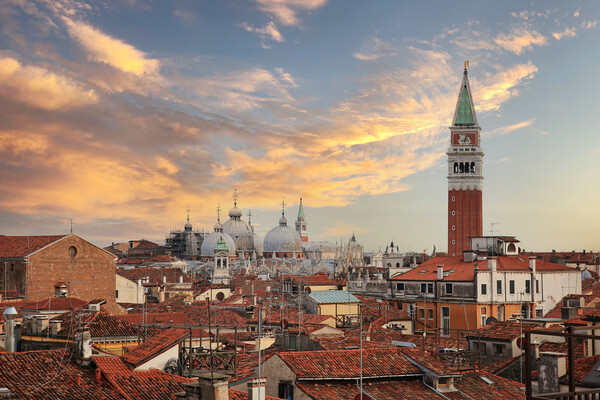 Venice panoramic aerial view with red roofs, Veneto, Italy. Picture Board by Olga Peddi