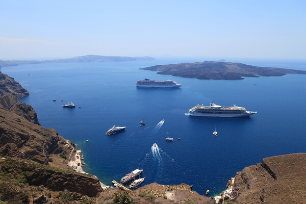 Cruise ships in Thira, Santorini island, Greece Picture Board by Olga Peddi