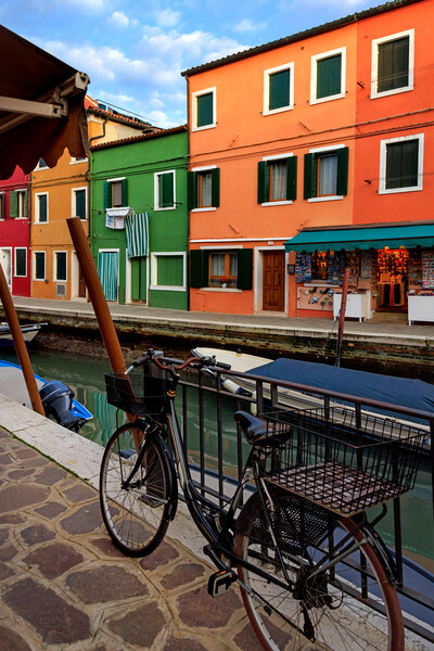 Colorful houses and canal on Burano island, near V Picture Board by Olga Peddi