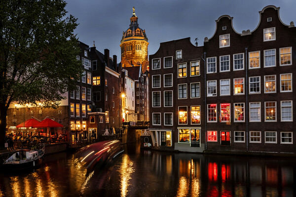 Amsterdam Canal Houses at Night Picture Board by Olga Peddi