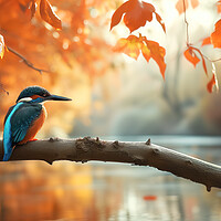 Buy canvas prints of Kingfisher over an autumn woodland Stream by T2 