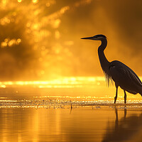 Buy canvas prints of Heron fishing on a golden Lake by T2 