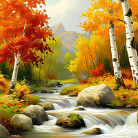 Buy canvas prints of Autumn Woodland Stream Painting by T2 