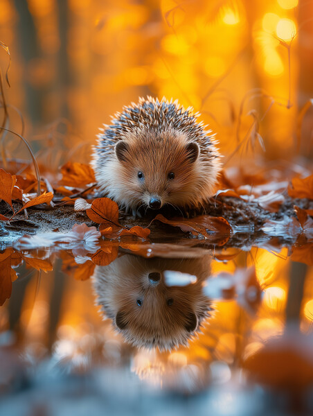 Hedgehog Reflecting in a Woodland Puddle Picture Board by T2 