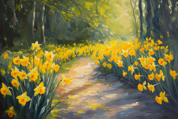 Daffodils Path - Oil Painting Art Picture Board by T2 