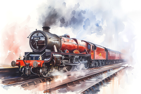 Red Steam Train Watercolour Picture Board by T2 
