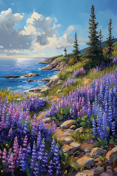 Coastal Lupines in Maine Oil Painting Picture Board by T2 