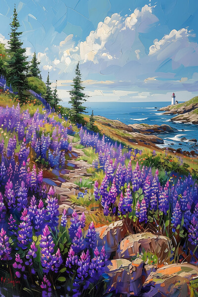 Coastal Lupines in Maine Oil Painting Picture Board by T2 