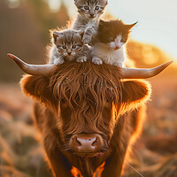 Buy canvas prints of Scottish Highland Cow and Three Kittens by T2 