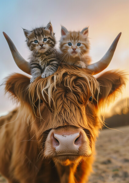 Scottish Highland Cow and Two Kittens Picture Board by T2 