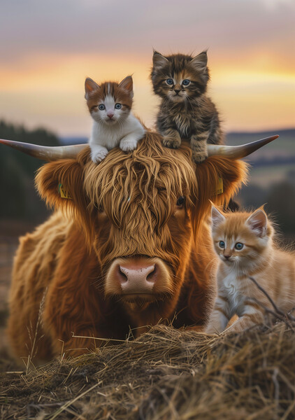 Scottish Highland Cow and Three Kittens Picture Board by T2 