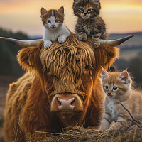 Buy canvas prints of Scottish Highland Cow and Three Kittens by T2 