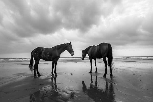 Horses on a beach in Wintertime Black and White Picture Board by T2 