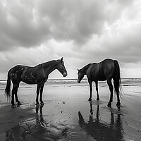 Buy canvas prints of Horses on a beach in Wintertime Black and White by T2 