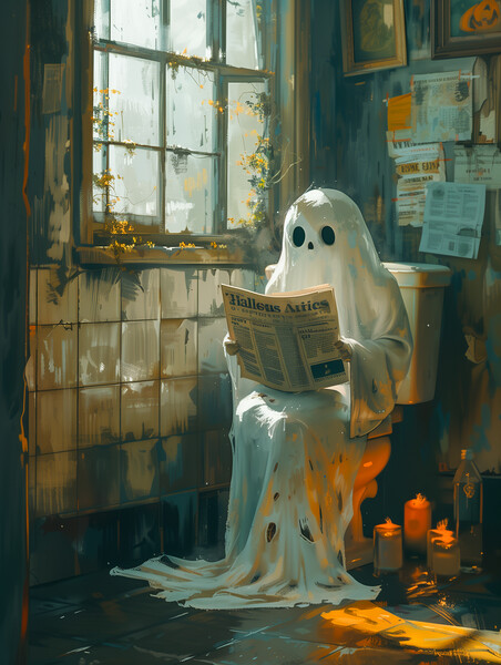 Ghost sitting on the toilet reading a Newspaper Picture Board by T2 