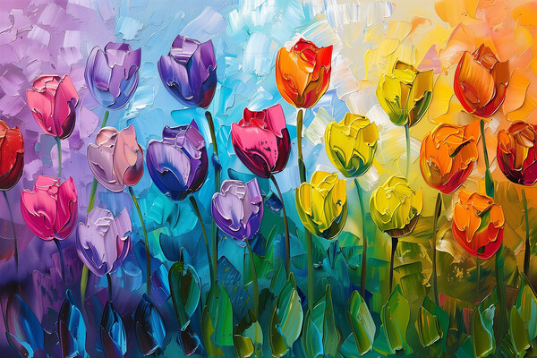 Rainbow Tulips Oil Painting Picture Board by T2 