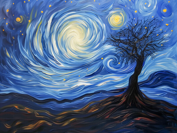 Lone Tree and Swirl Night Sky Painting Picture Board by T2 