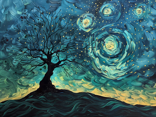 Lone Tree and Swirl Night Sky Painting Picture Board by T2 