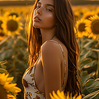 Buy canvas prints of Beautiful woman in a field of Sunflowers by T2 