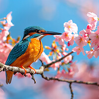 Buy canvas prints of Kingfisher standing on a branch of Cherry Blossom by T2 