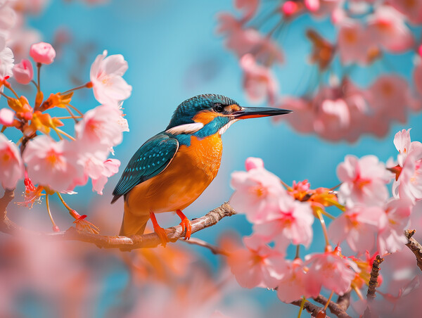 Kingfisher standing on a branch of Cherry Blossom Picture Board by T2 