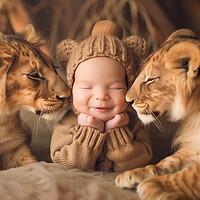 Buy canvas prints of Smiling Baby surrounded by two Lions by T2 