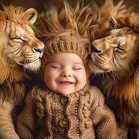 Buy canvas prints of Smiling Baby surrounded by two Lions by T2 