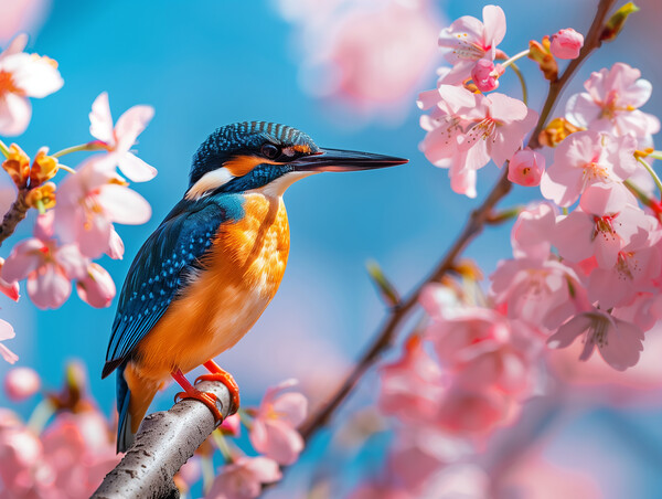Kingfisher standing on a branch of Cherry Blossom Picture Board by T2 