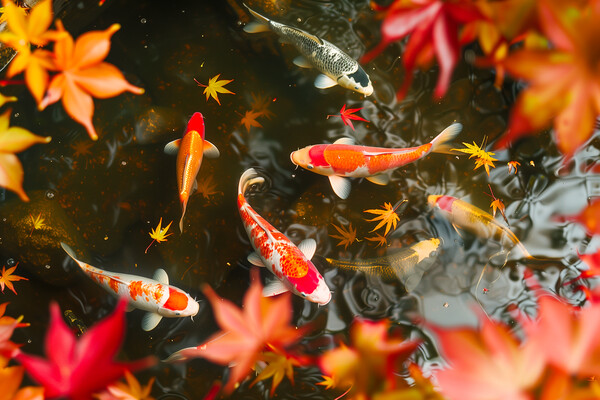 Koi Carp in a pond lined with autumn Japanese Maple trees Picture Board by T2 