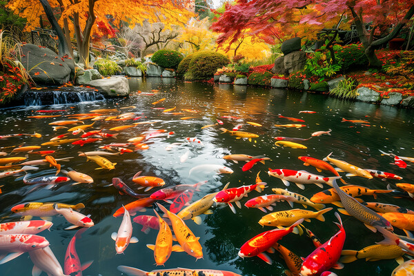 Koi Carp in a pond lined with autumn Japanese Maple trees Picture Board by T2 