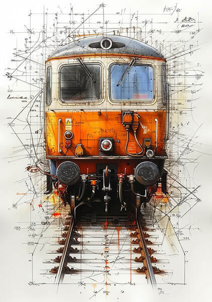 Vintage British Diesel Train Blueprint Picture Board by T2 