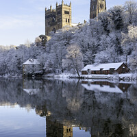 Buy canvas prints of Winter view of Durham Cathedral reflected in the r by Bryan Attewell