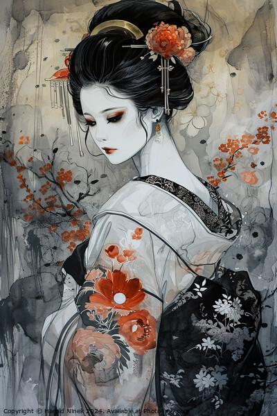 Geisha in White Picture Board by Harold Ninek