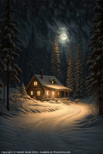 Winter Cabin in the Woods II Picture Board by Harold Ninek