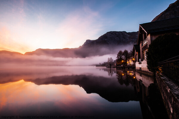 Breaking dawn at Hallstatt Picture Board by Suppakij Vorasriherun