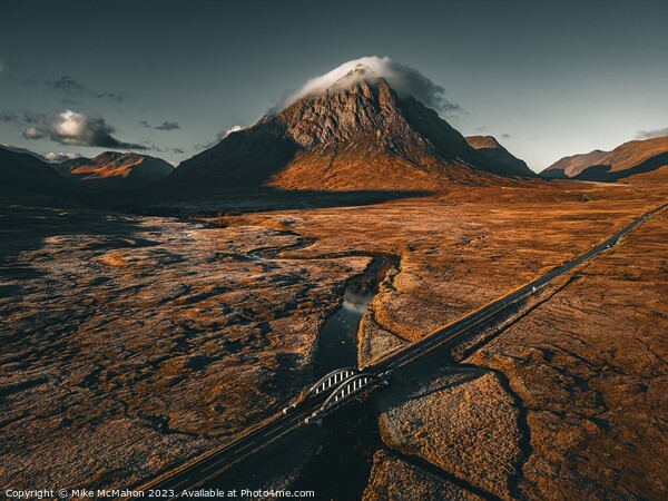 Aerial view of Buachaille etive mor , A82 Glencoe bridge  Picture Board by Mike McMahon
