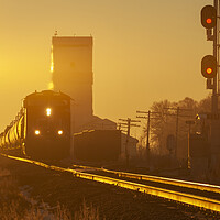 Buy canvas prints of train passing a grain elevator by Dave Reede