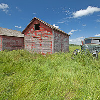 Buy canvas prints of old farm truck beside grain bins by Dave Reede