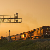 Buy canvas prints of locomotives pulling rail hopper cars pass an overhead rail signal by Dave Reede