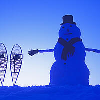 Buy canvas prints of snowman  beside snowshoes by Dave Reede