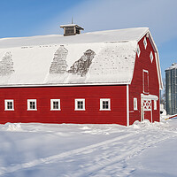 Buy canvas prints of Red Barn and Grain Bin in Winter by Dave Reede