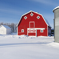 Buy canvas prints of Old Grain Bin and Red Barn in Winter by Dave Reede