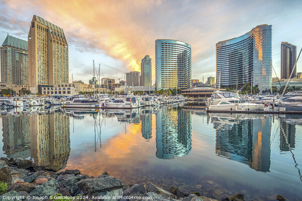 Sunrise Reflections - San Diego Skyline Picture Board by Joseph S Giacalone
