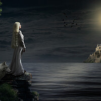 Buy canvas prints of A girl and her white wolf in the moonlight by Dejan Travica
