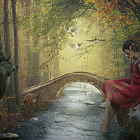 Buy canvas prints of Beauty in a red dress is sitting on a stone next to a stream surrounded by forest friends. by Dejan Travica