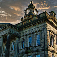 Buy canvas prints of Historic building with clock tower against a dramatic sunset sky in Lancaster. by Man And Life